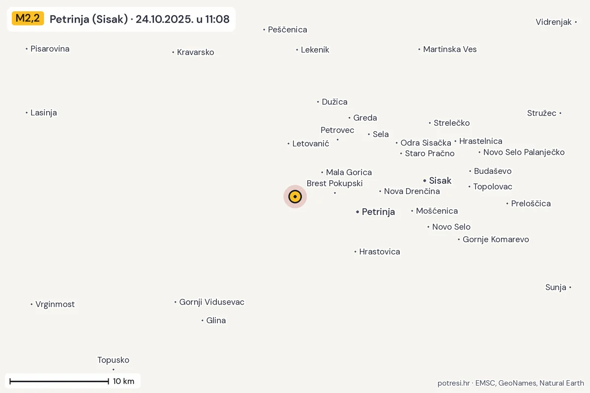 Karta: okolica epicentra, 60 km, potres M2,2, Petrinja (Sisak), 24.10.2025.