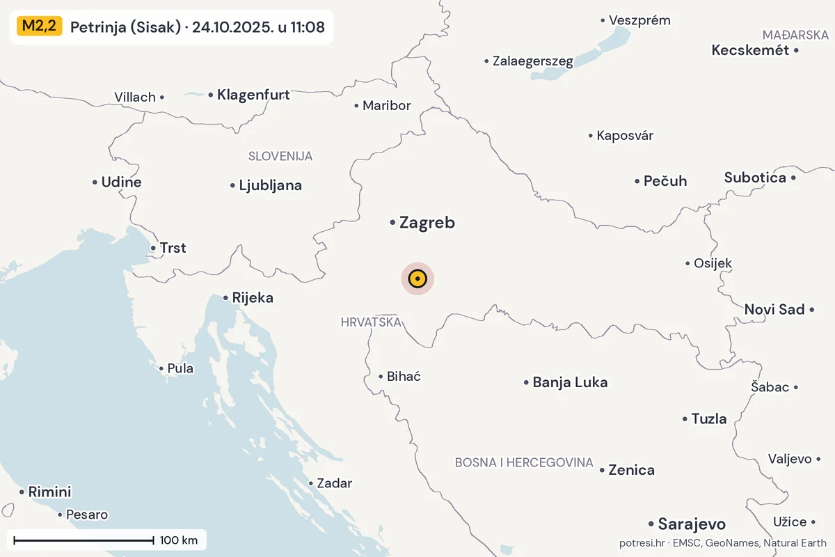 Karta: šire područje, 600 km, potres M2,2, Petrinja (Sisak), 24.10.2025.