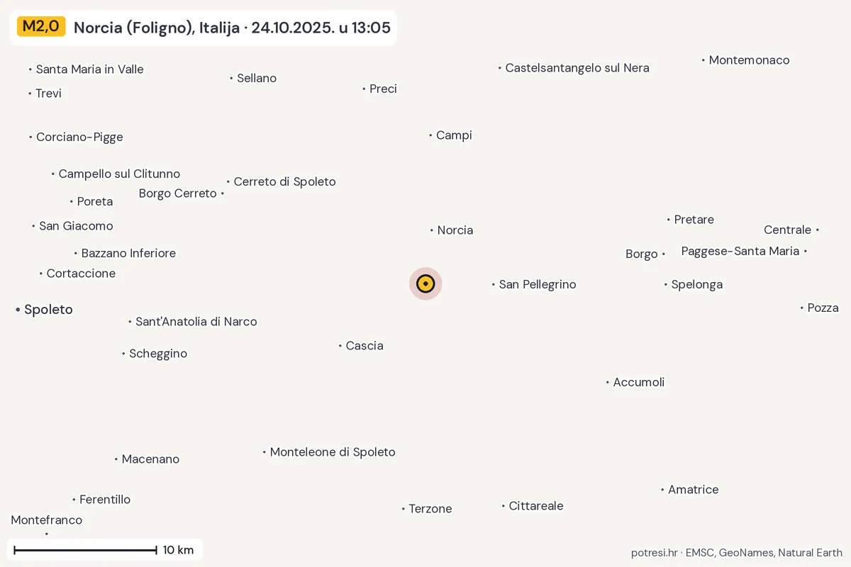 Karta: okolica epicentra, 60 km, potres M2,0, Norcia (Foligno), Italija, 24.10.2025.