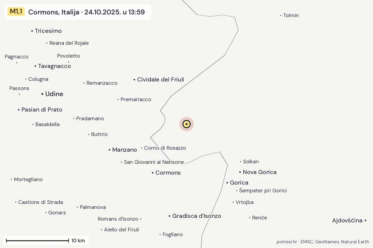 Karta: okolica epicentra, 60 km, potres M1,1, Cormons, Italija, 24.10.2025.