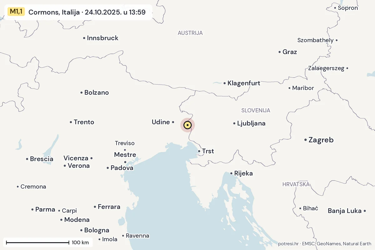 Karta: šire područje, 600 km, potres M1,1, Cormons, Italija, 24.10.2025.