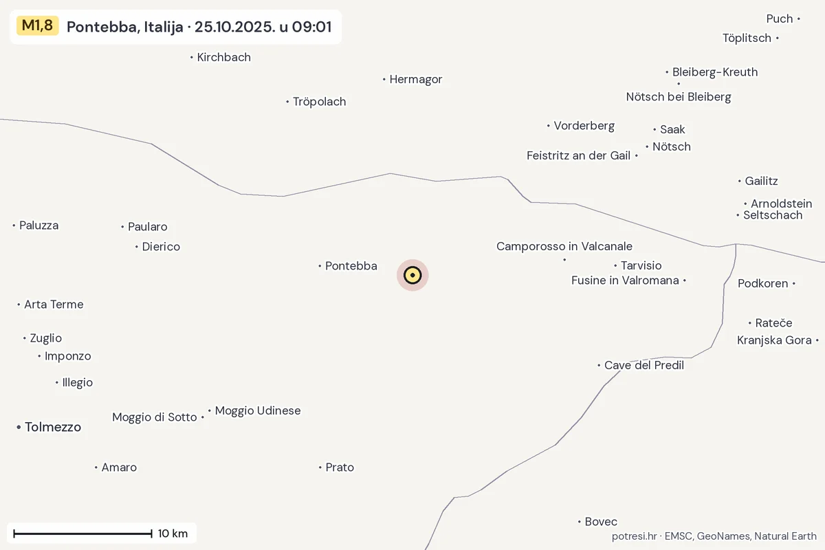 Karta: okolica epicentra, 60 km, potres M1,8, Pontebba, Italija, 25.10.2025.