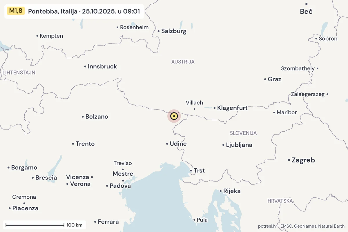 Karta: šire područje, 600 km, potres M1,8, Pontebba, Italija, 25.10.2025.