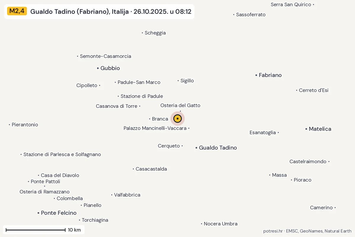 Karta: okolica epicentra, 60 km, potres M2,4, Gualdo Tadino (Fabriano), Italija, 26.10.2025.