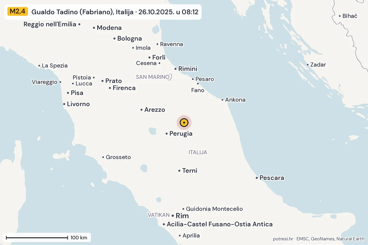 Karta: šire područje, 600 km, potres M2,4, Gualdo Tadino (Fabriano), Italija, 26.10.2025.
