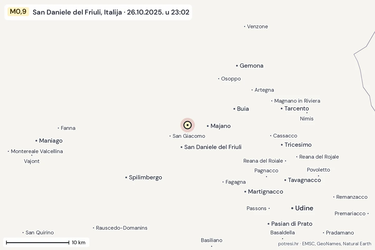 Karta: okolica epicentra, 60 km, potres M0,9, San Daniele del Friuli, Italija, 26.10.2025.