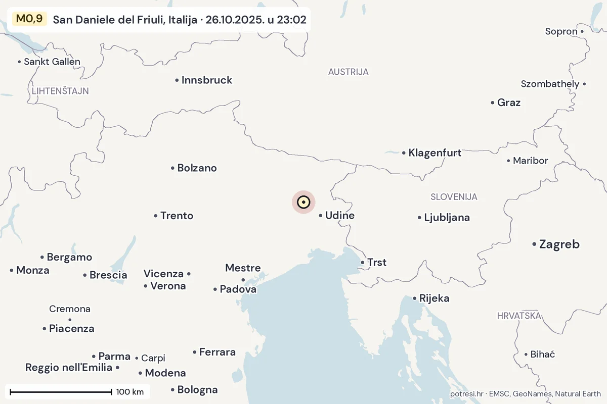 Karta: šire područje, 600 km, potres M0,9, San Daniele del Friuli, Italija, 26.10.2025.