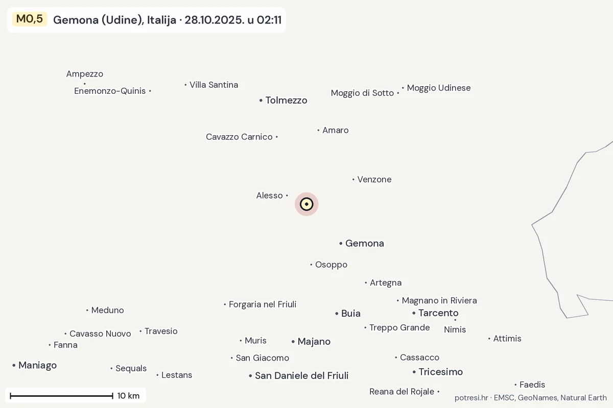 Karta: okolica epicentra, 60 km, potres M0,5, Gemona (Udine), Italija, 28.10.2025.