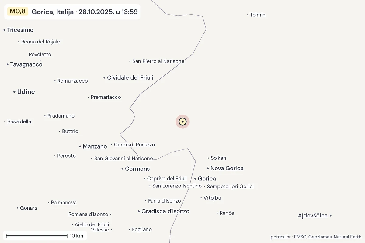 Karta: okolica epicentra, 60 km, potres M0,8, Gorica, Italija, 28.10.2025.
