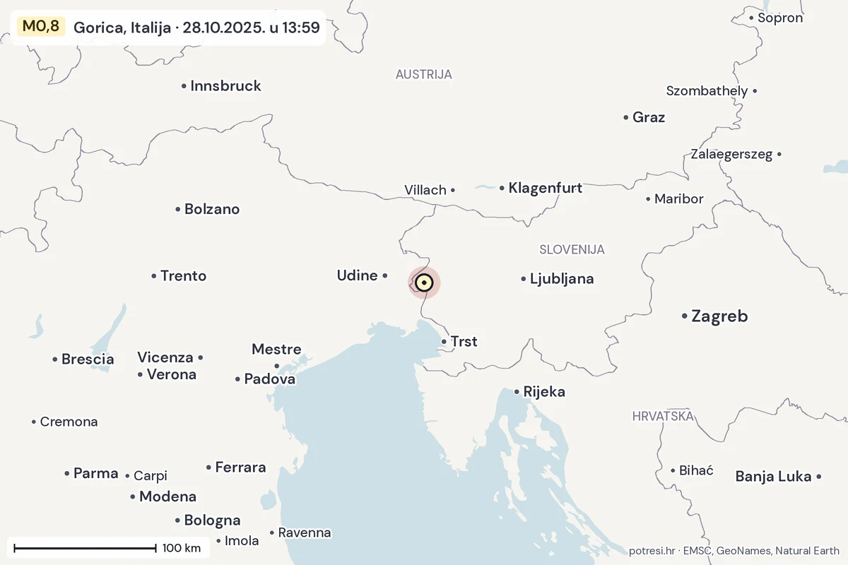 Karta: šire područje, 600 km, potres M0,8, Gorica, Italija, 28.10.2025.