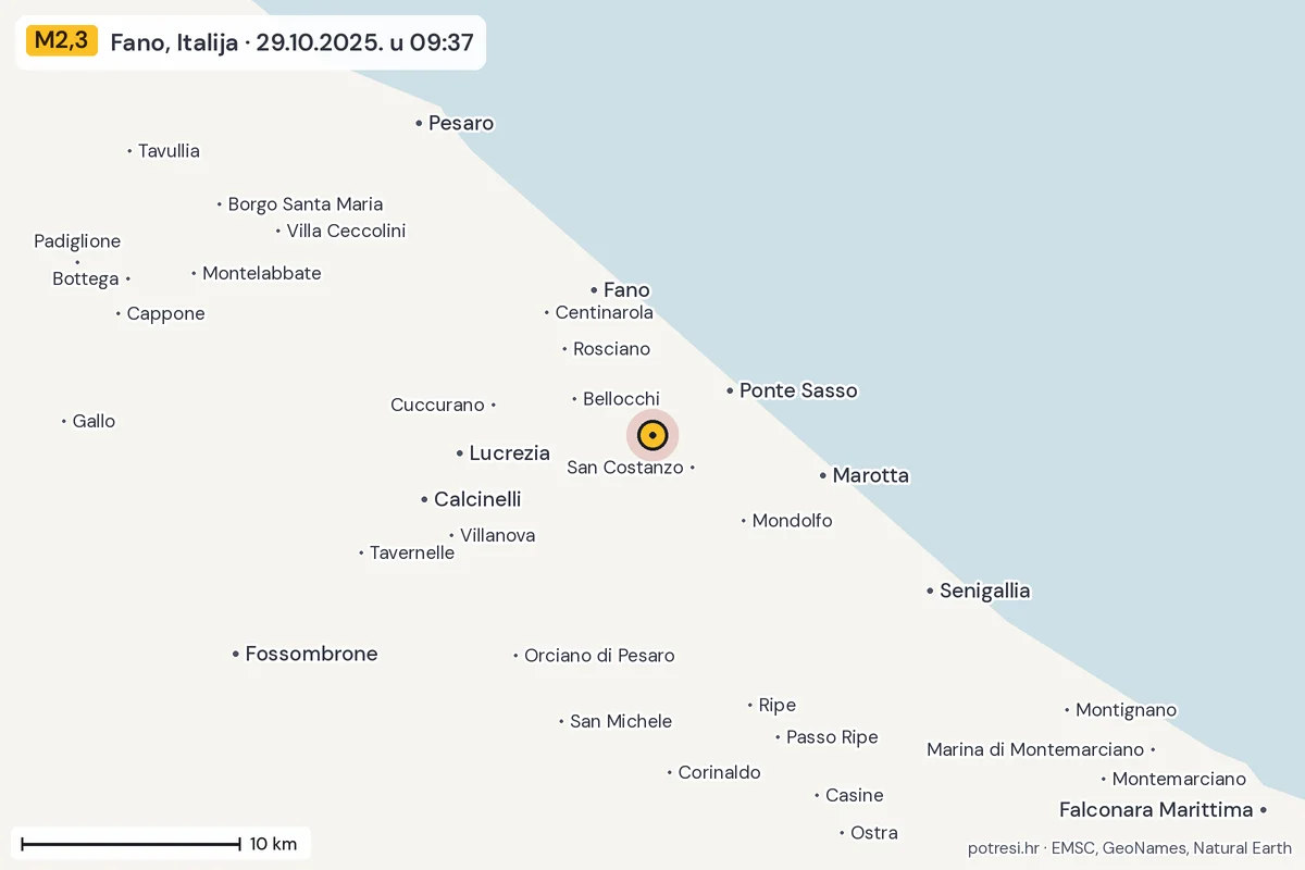 Karta: okolica epicentra, 60 km, potres M2,3, Fano, Italija, 29.10.2025.