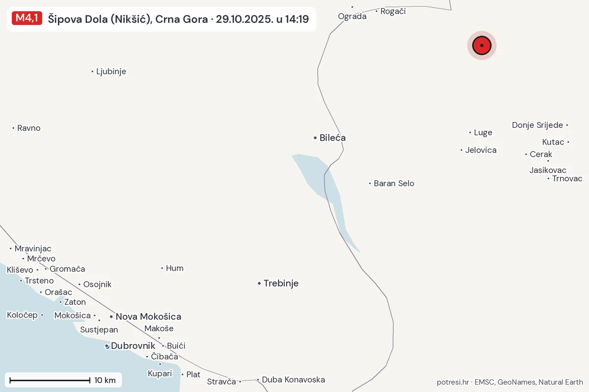 Karta: izvješća građana, potres M4,1, Šipova Dola (Nikšić), Crna Gora, 29.10.2025.