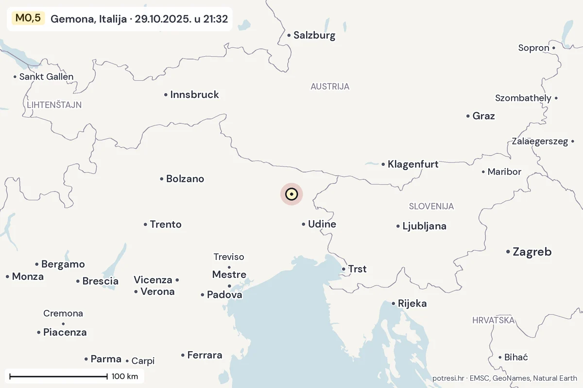 Karta: šire područje, 600 km, potres M0,5, Gemona, Italija, 29.10.2025.