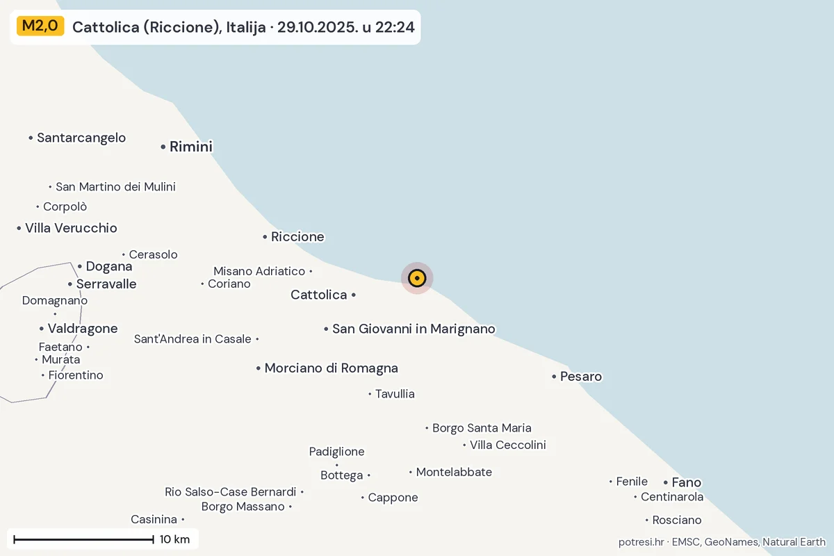 Karta: okolica epicentra, 60 km, potres M2,0, Cattolica (Riccione), Italija, 29.10.2025.