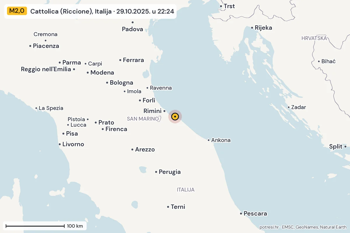 Karta: šire područje, 600 km, potres M2,0, Cattolica (Riccione), Italija, 29.10.2025.