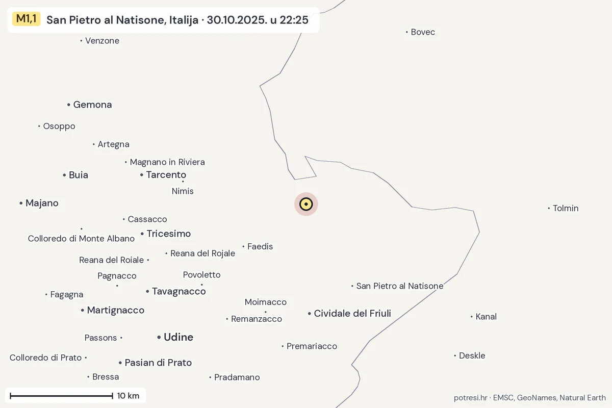 Karta: okolica epicentra, 60 km, potres M1,1, San Pietro al Natisone, Italija, 30.10.2025.