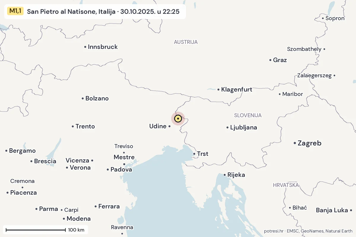 Karta: šire područje, 600 km, potres M1,1, San Pietro al Natisone, Italija, 30.10.2025.