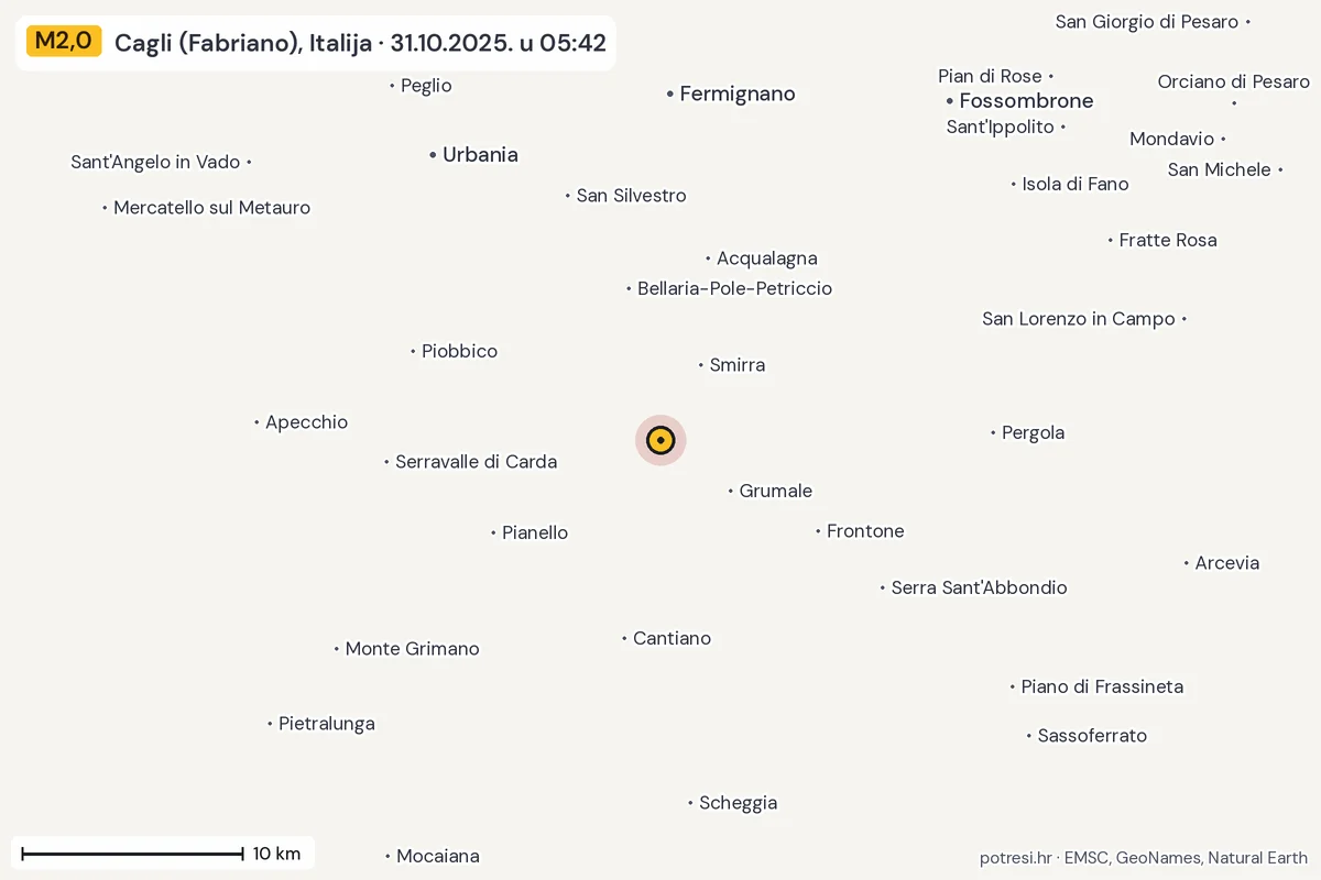 Karta: okolica epicentra, 60 km, potres M2,0, Cagli (Fabriano), Italija, 31.10.2025.