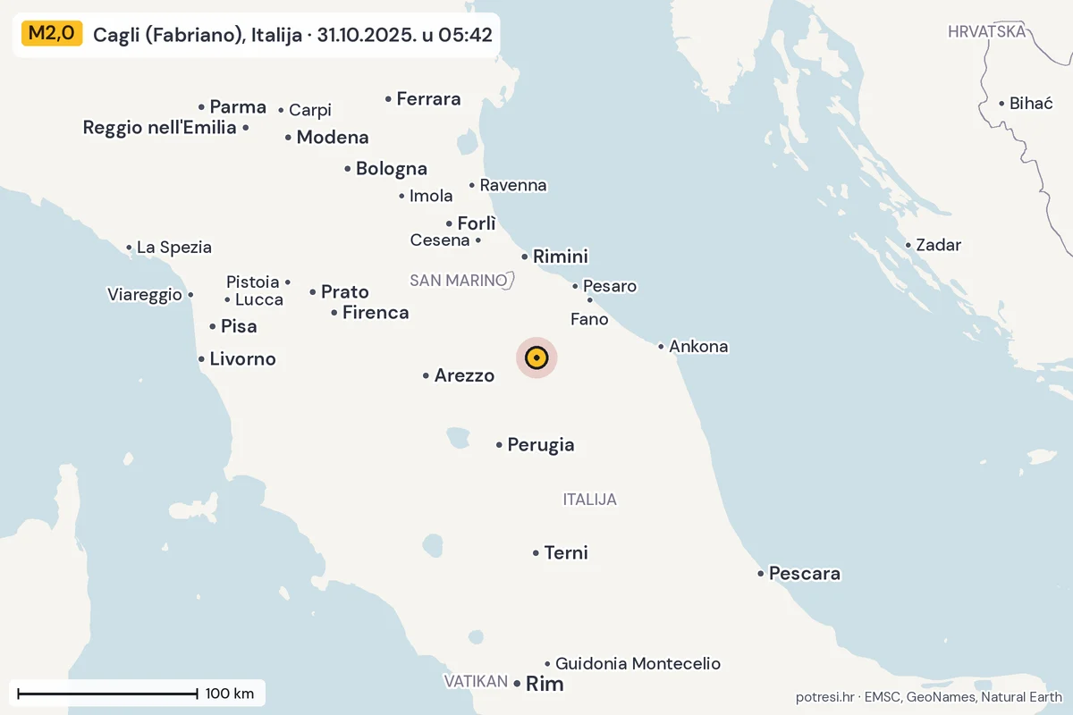 Karta: šire područje, 600 km, potres M2,0, Cagli (Fabriano), Italija, 31.10.2025.