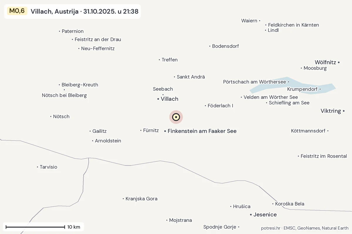 Karta: okolica epicentra, 60 km, potres M0,6, Villach, Austrija, 31.10.2025.