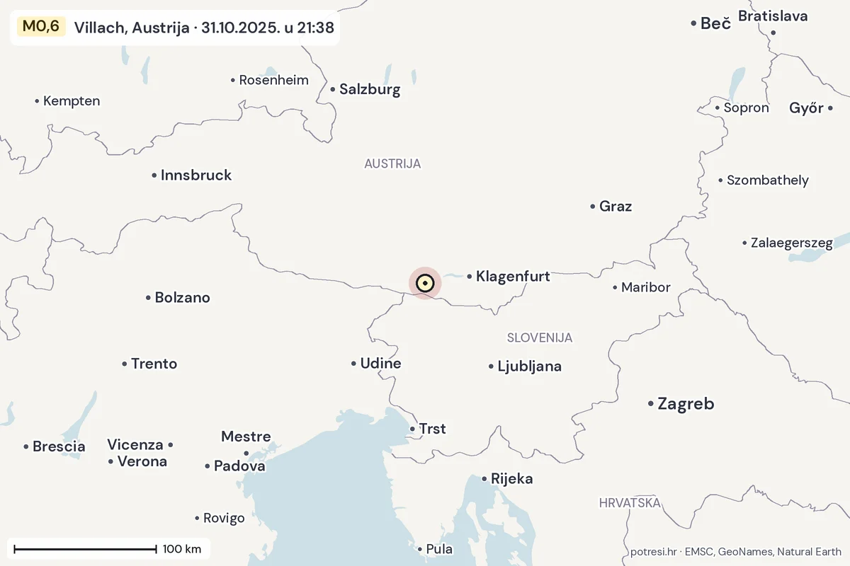 Karta: šire područje, 600 km, potres M0,6, Villach, Austrija, 31.10.2025.