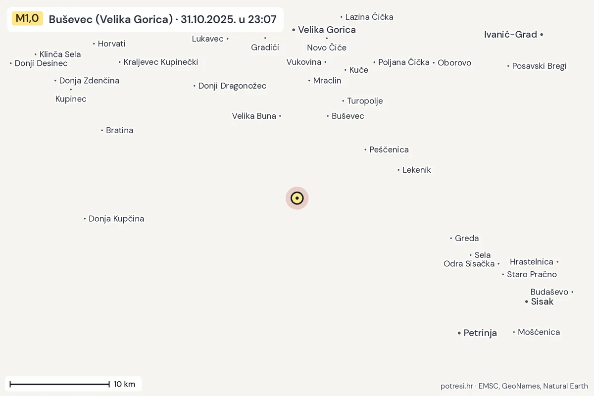Karta: okolica epicentra, 60 km, potres M1,0, Buševec (Velika Gorica), 31.10.2025.