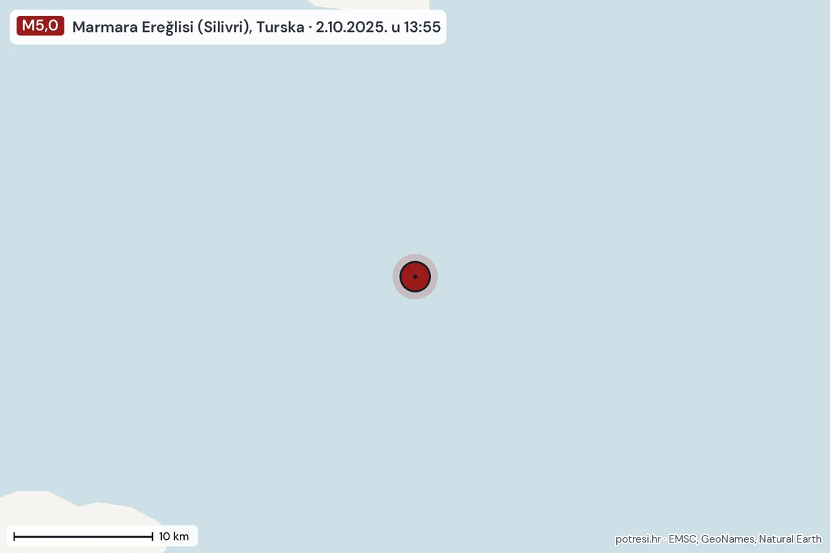 Karta: okolica epicentra, 60 km, potres M5,0, Marmara Ereğlisi (Silivri), Turska, 2.10.2025.