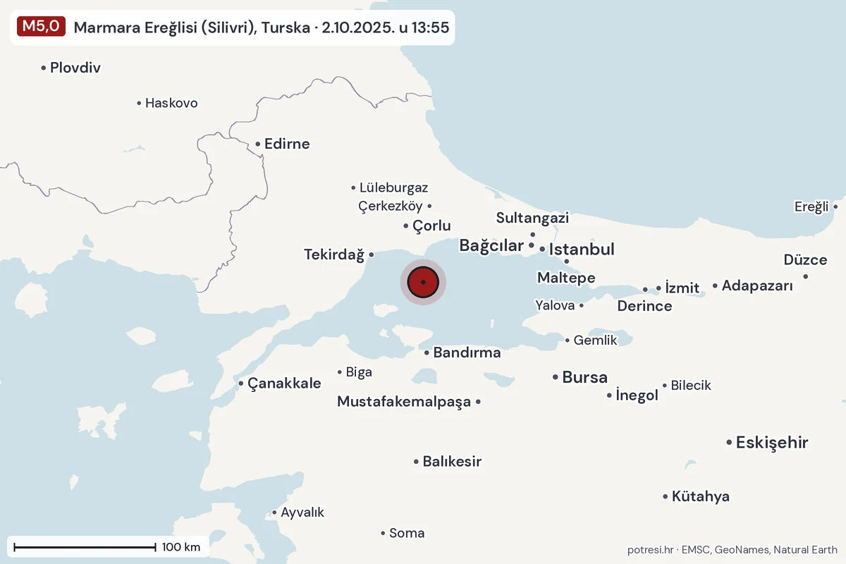 Karta: šire područje, 600 km, potres M5,0, Marmara Ereğlisi (Silivri), Turska, 2.10.2025.