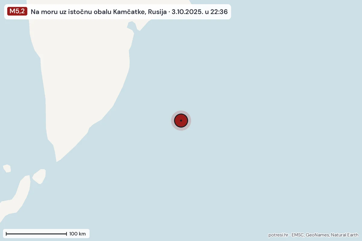 Karta: šire područje, 600 km, potres M5,2, Na moru uz istočnu obalu Kamčatke, Rusija, 3.10.2025.