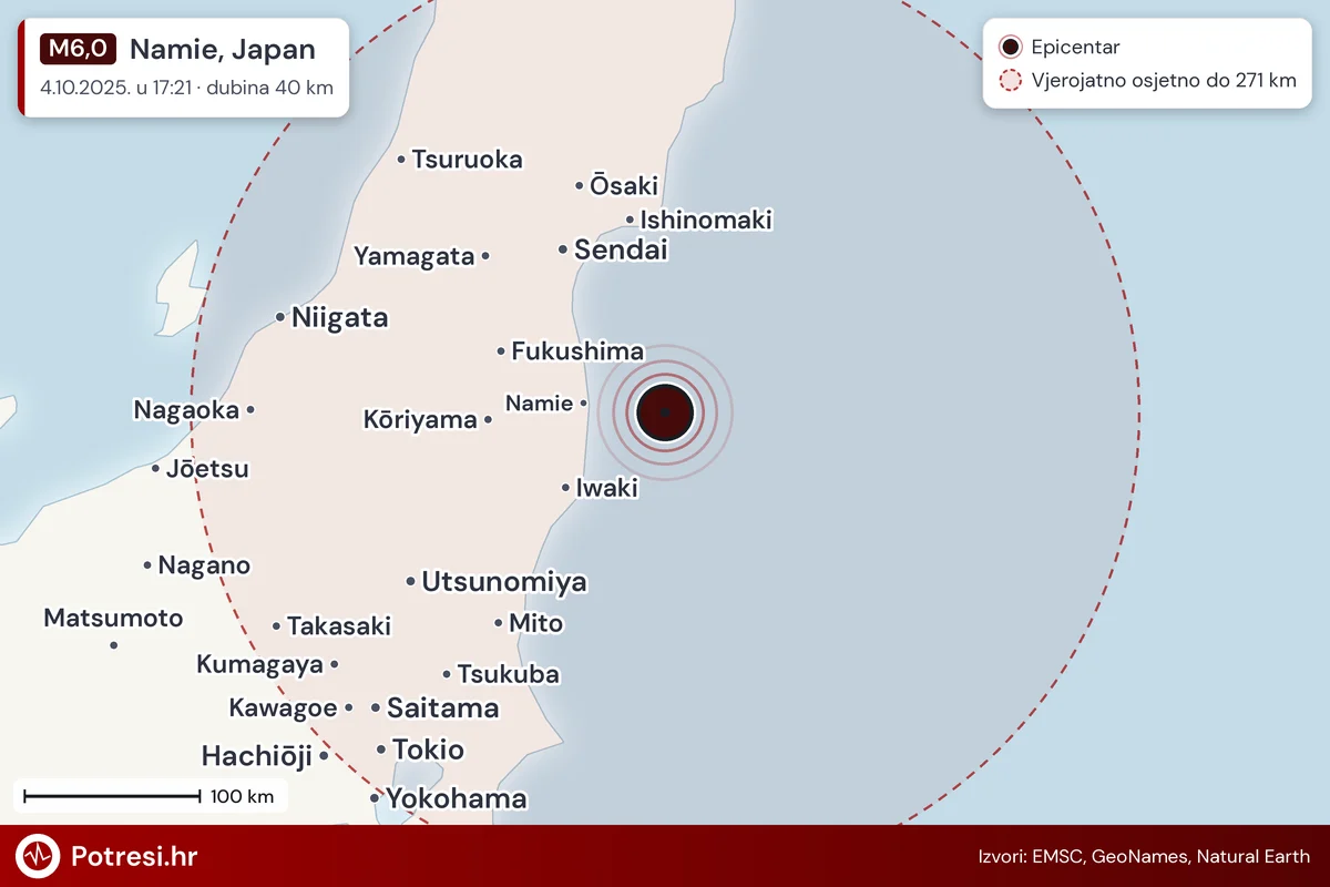 Karta: šire područje i vjerojatni doseg osjeta, potres M6,0, Namie, Japan, 4.10.2025.