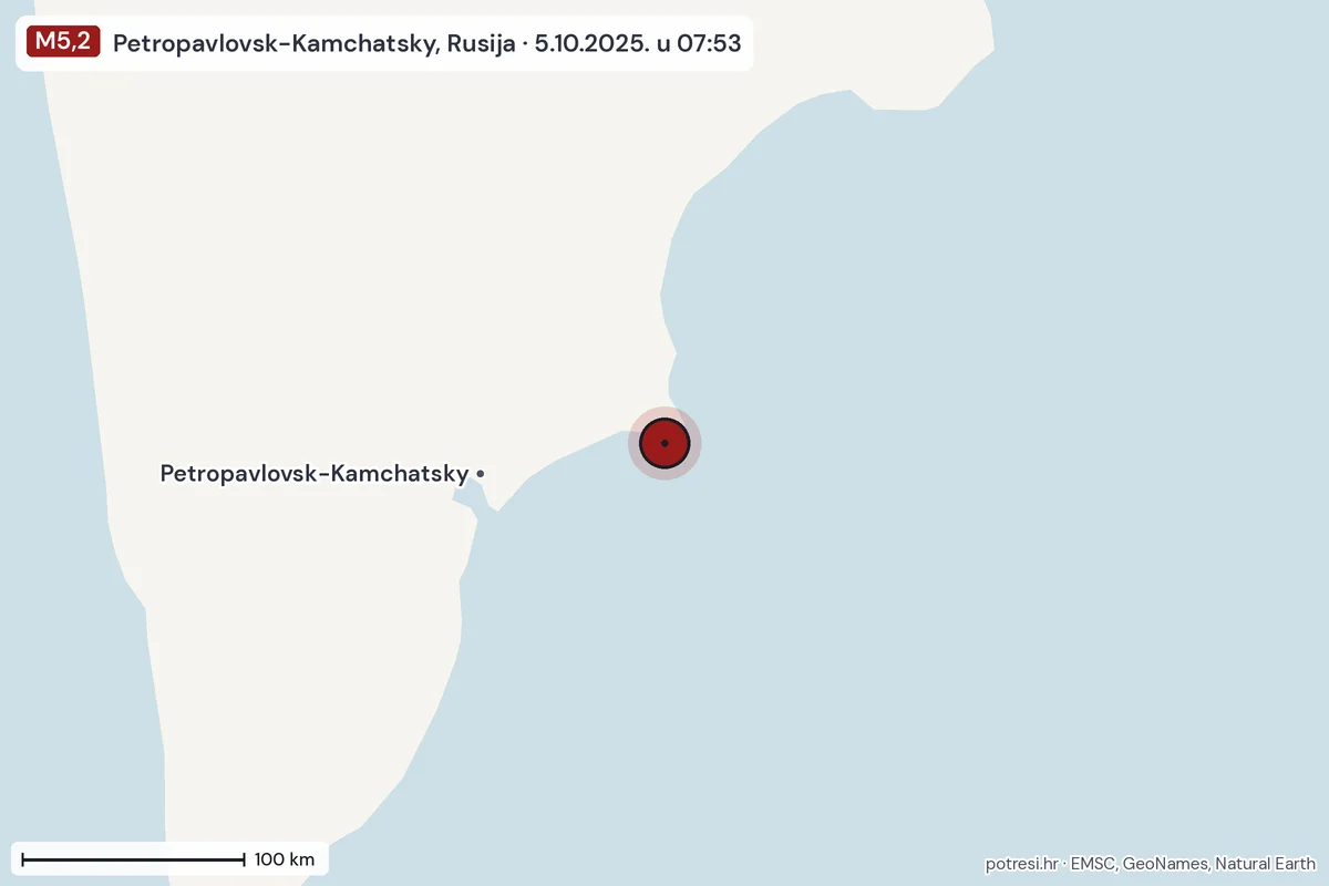 Karta: šire područje, 600 km, potres M5,2, Petropavlovsk-Kamchatsky, Rusija, 5.10.2025.