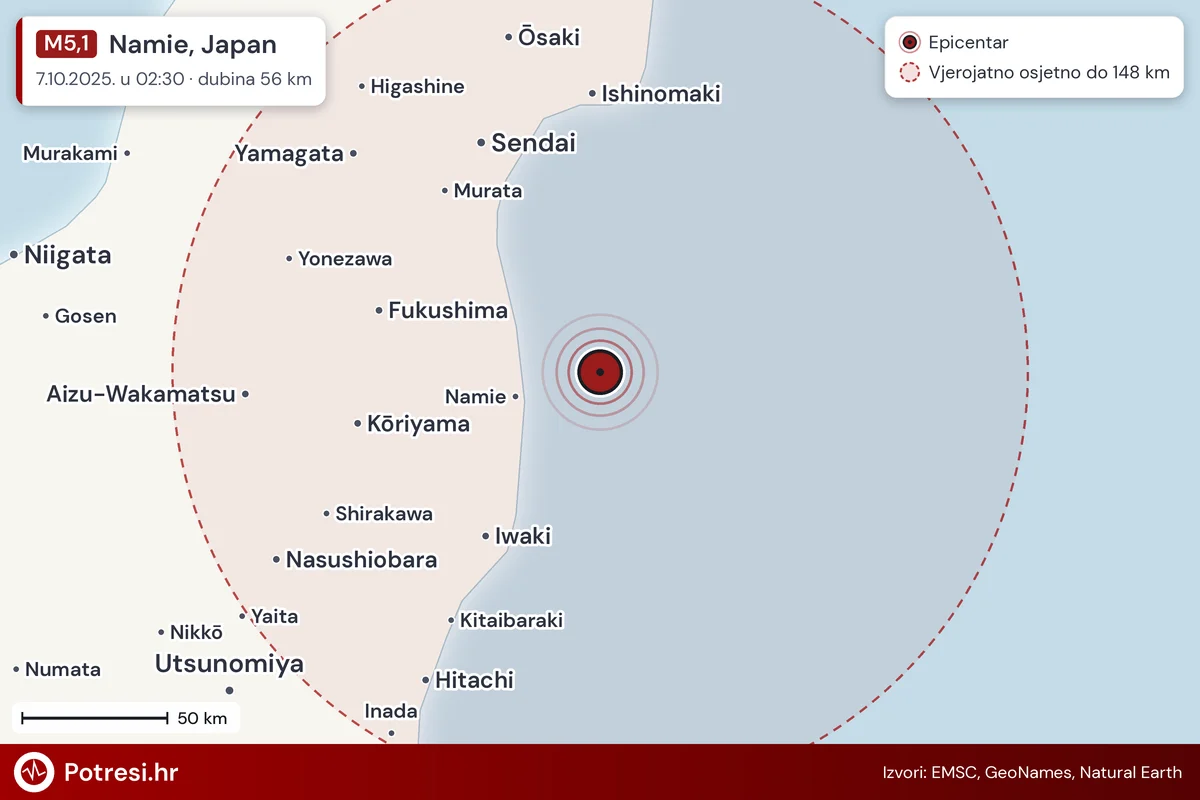 Karta: šire područje i vjerojatni doseg osjeta, potres M5,1, Namie, Japan, 7.10.2025.