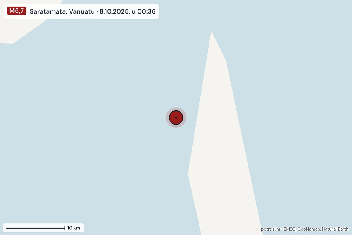 Karta: okolica epicentra, 60 km, potres M5,7, Saratamata, Vanuatu, 8.10.2025.
