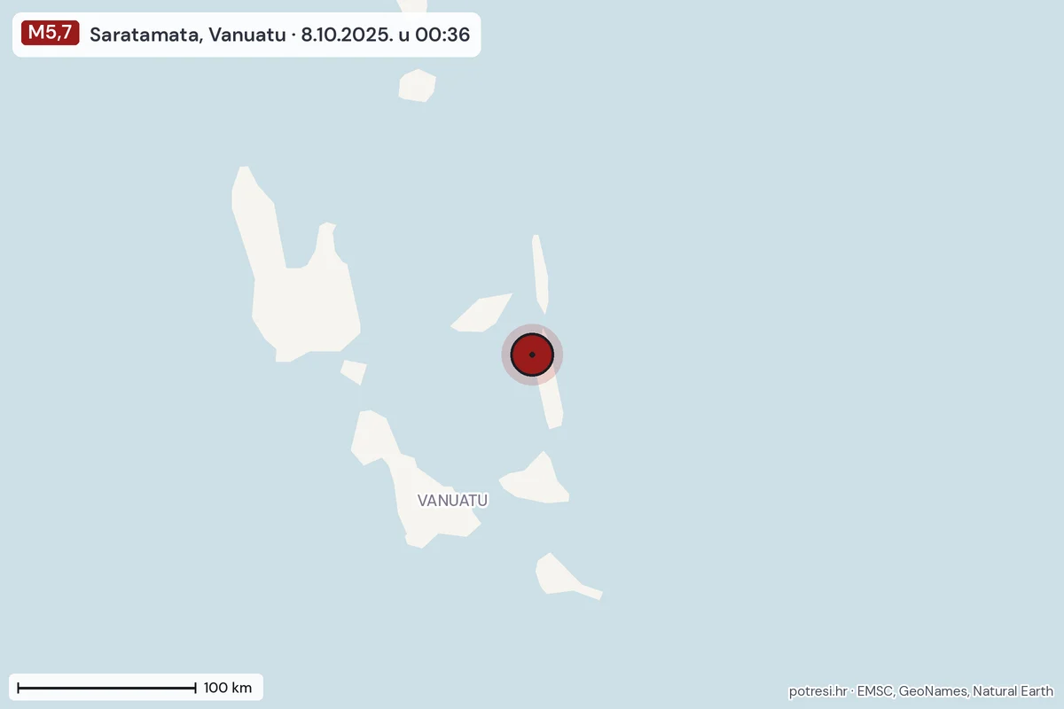 Karta: šire područje, 600 km, potres M5,7, Saratamata, Vanuatu, 8.10.2025.