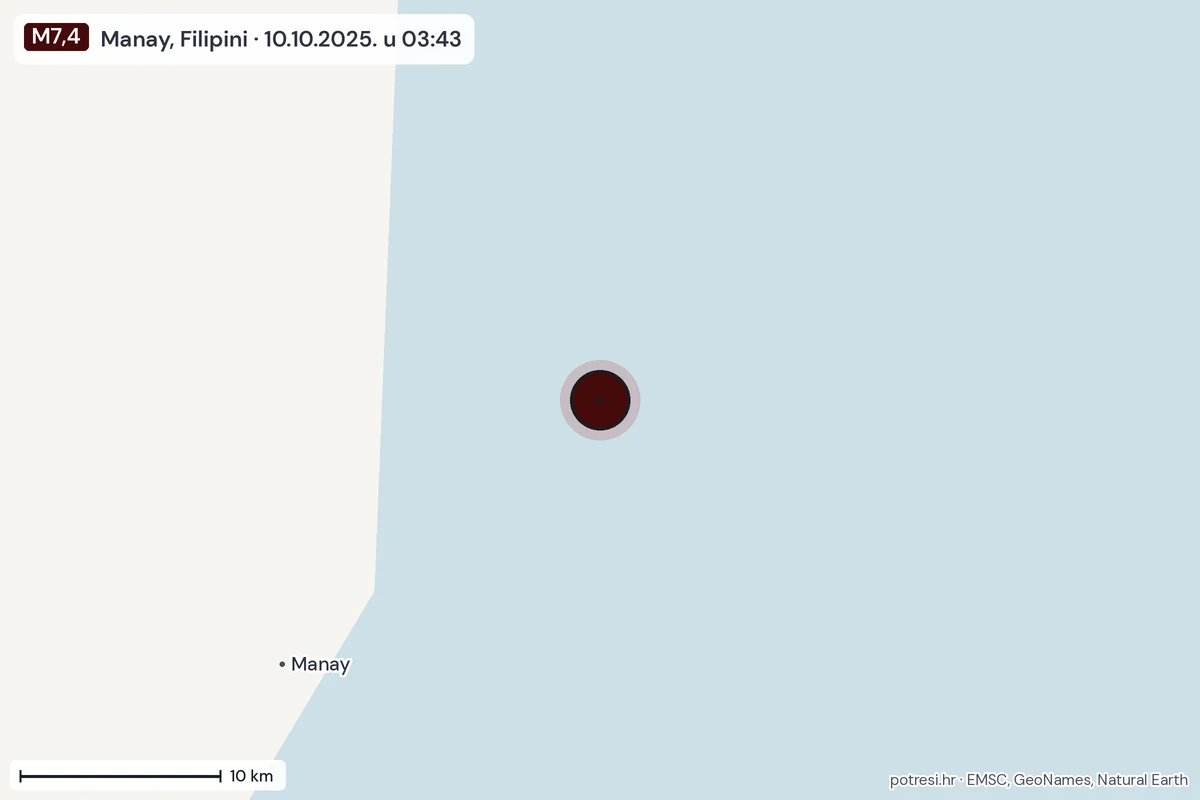 Karta: okolica epicentra, 60 km, potres M7,4, Manay, Filipini, 10.10.2025.