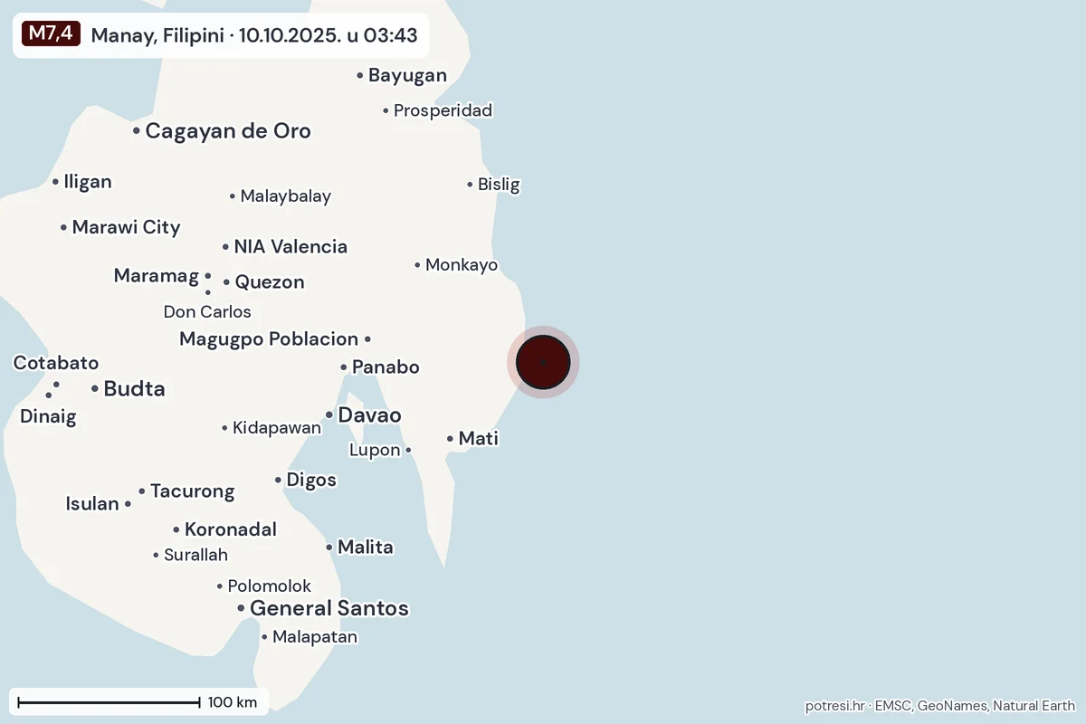 Karta: šire područje, 600 km, potres M7,4, Manay, Filipini, 10.10.2025.