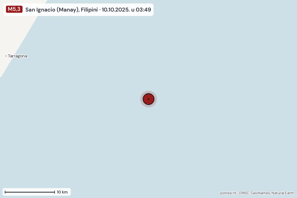 Karta: okolica epicentra, 60 km, potres M5,3, San Ignacio (Manay), Filipini, 10.10.2025.