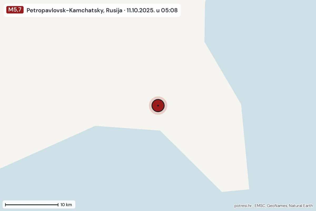 Karta: okolica epicentra, 60 km, potres M5,7, Petropavlovsk-Kamchatsky, Rusija, 11.10.2025.