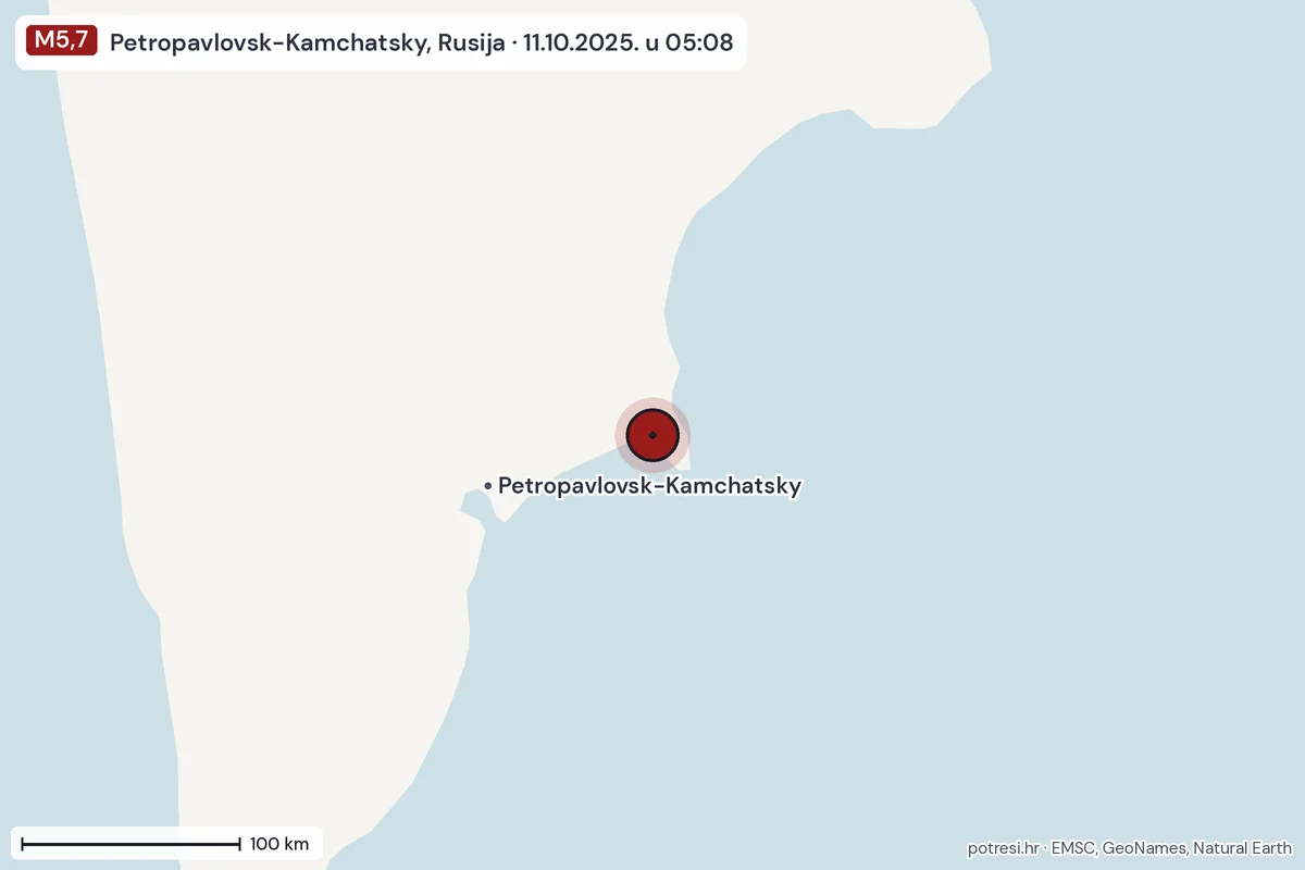 Karta: šire područje, 600 km, potres M5,7, Petropavlovsk-Kamchatsky, Rusija, 11.10.2025.