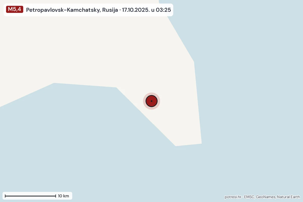Karta: okolica epicentra, 60 km, potres M5,4, Petropavlovsk-Kamchatsky, Rusija, 17.10.2025.