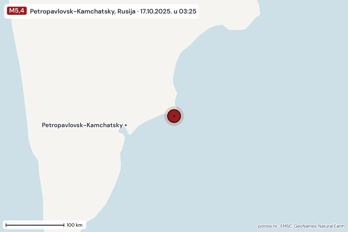 Karta: šire područje, 600 km, potres M5,4, Petropavlovsk-Kamchatsky, Rusija, 17.10.2025.