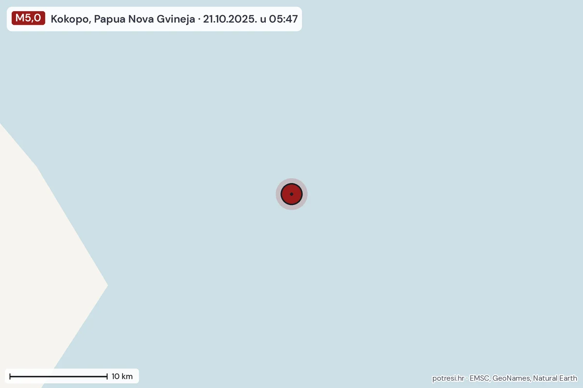 Karta: okolica epicentra, 60 km, potres M5,0, Kokopo, Papua Nova Gvineja, 21.10.2025.