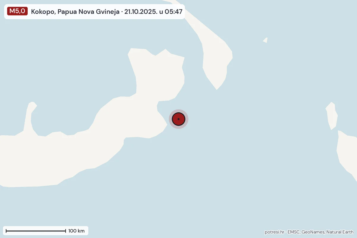 Karta: šire područje, 600 km, potres M5,0, Kokopo, Papua Nova Gvineja, 21.10.2025.