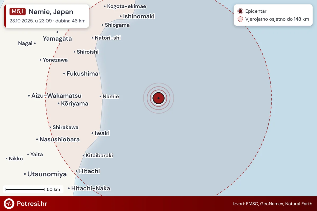 Karta: šire područje i vjerojatni doseg osjeta, potres M5,1, Namie, Japan, 23.10.2025.