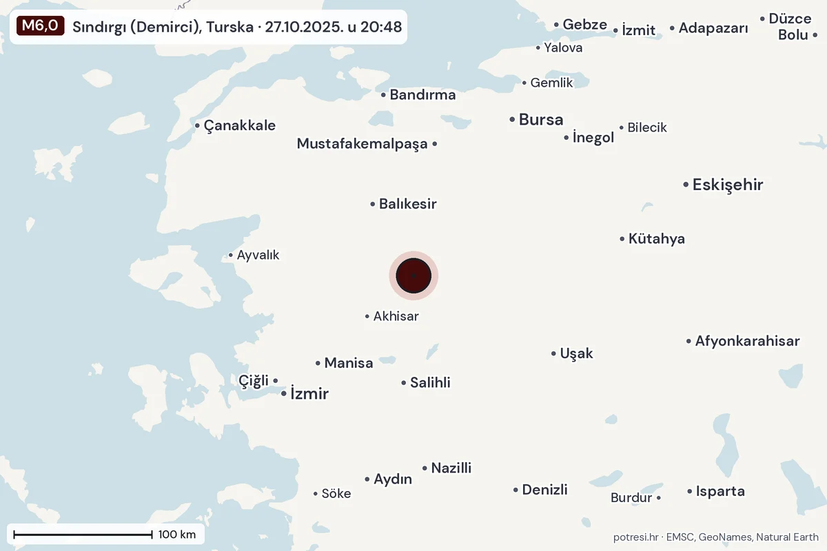 Karta: šire područje, 600 km, potres M6,0, Sındırgı (Demirci), Turska, 27.10.2025.