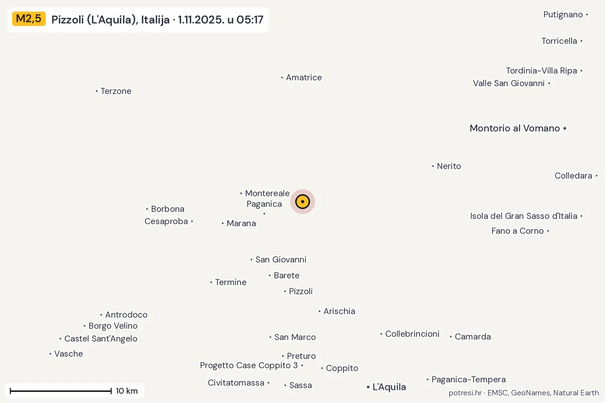 Karta: okolica epicentra, 60 km, potres M2,5, Pizzoli (L'Aquila), Italija, 1.11.2025.
