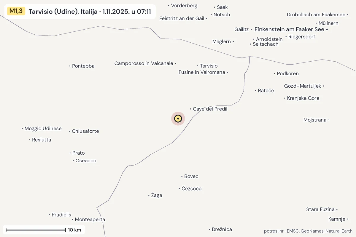 Karta: okolica epicentra, 60 km, potres M1,3, Tarvisio (Udine), Italija, 1.11.2025.