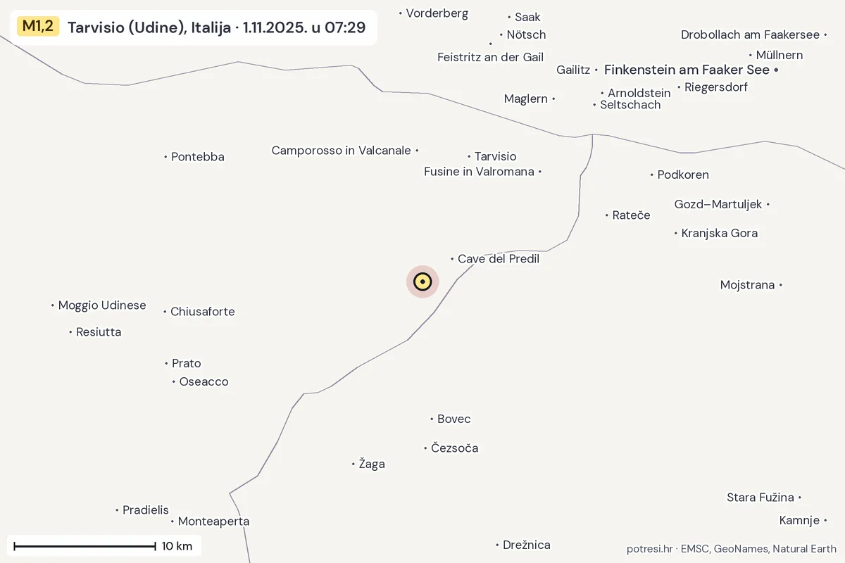 Karta: okolica epicentra, 60 km, potres M1,2, Tarvisio (Udine), Italija, 1.11.2025.