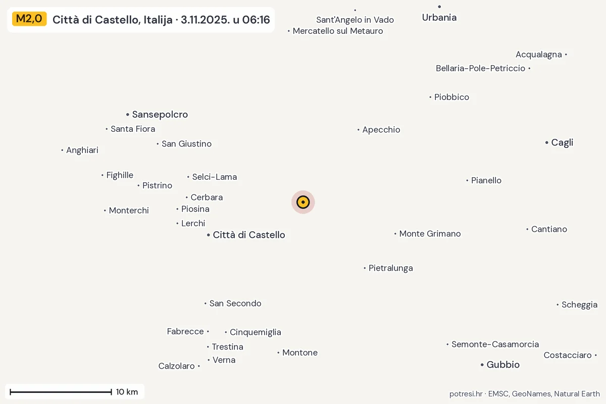 Karta: okolica epicentra, 60 km, potres M2,0, Città di Castello, Italija, 3.11.2025.