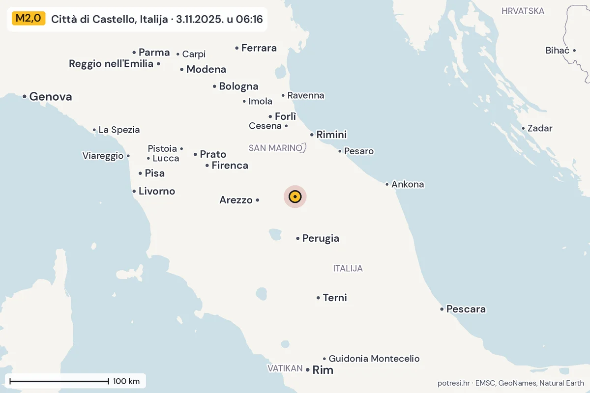 Karta: šire područje, 600 km, potres M2,0, Città di Castello, Italija, 3.11.2025.